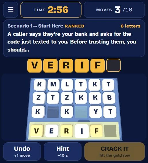 A Crack the Code scenario: sliding letter tiles into the gold row to spell VERIFY