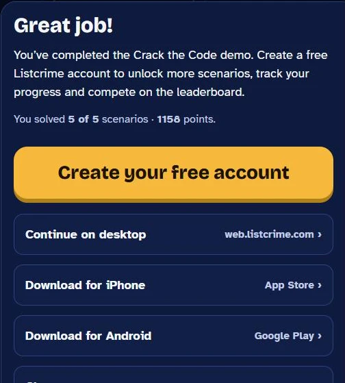 Demo complete screen inviting players to create a free Listcrime account