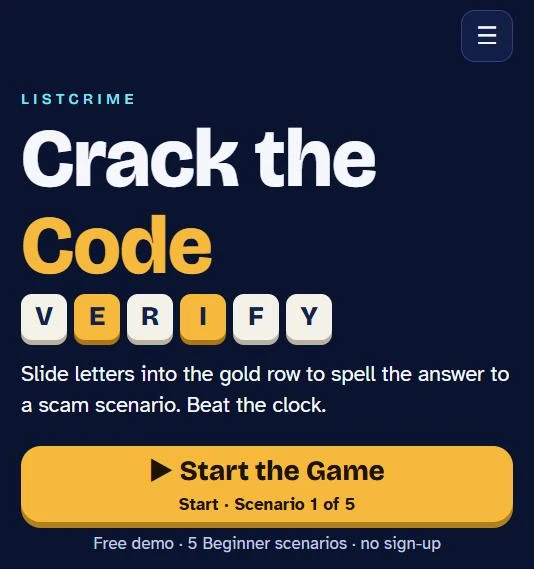 Crack the Code home screen with the Start the Game button
