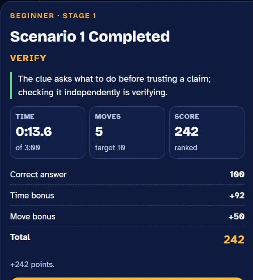 Scenario result showing the answer, an explanation and the score breakdown