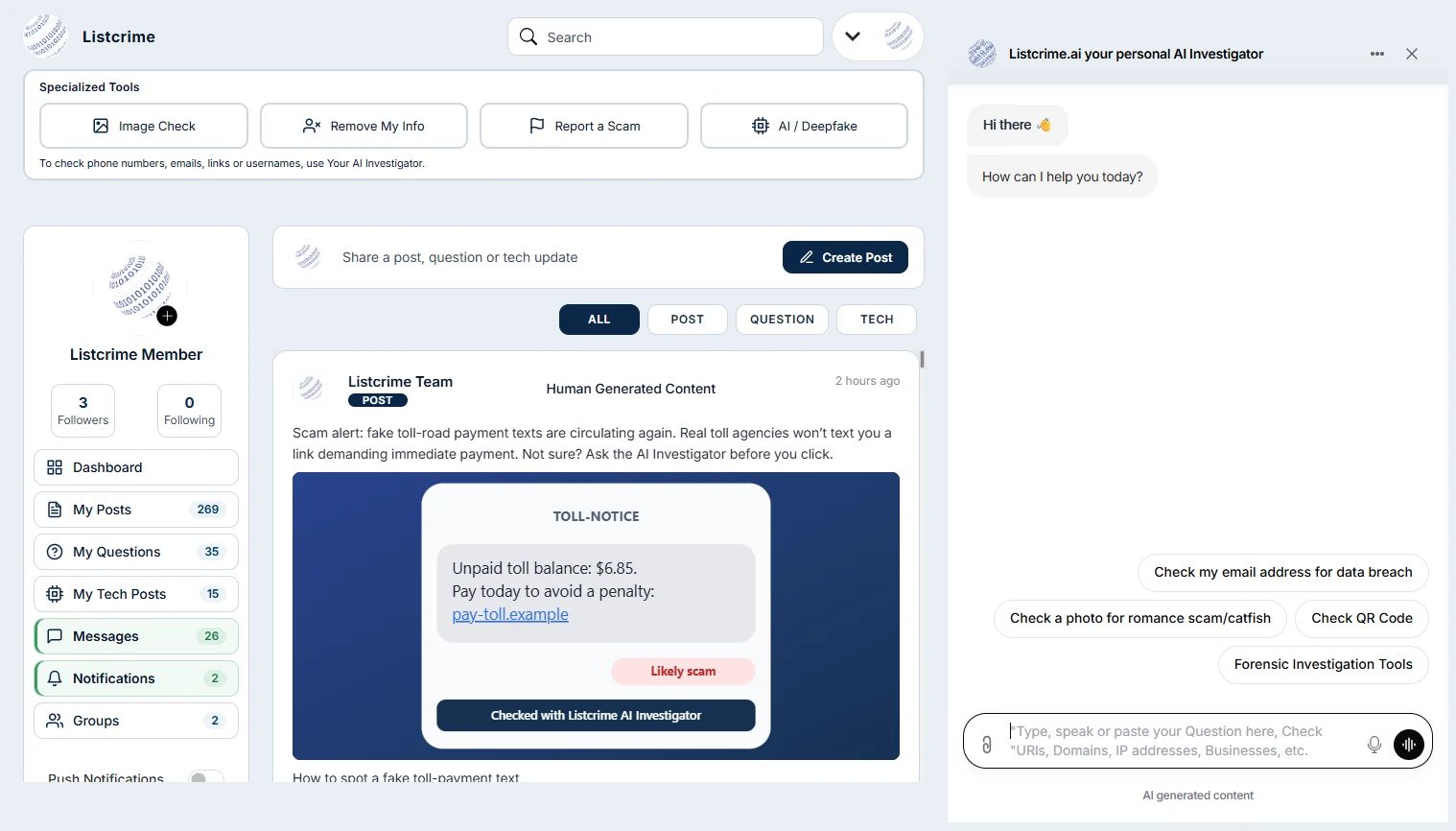 Listcrime desktop interface with the specialized tools, member menu, community feed and AI Investigator